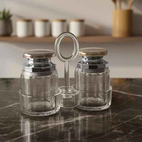 Elegant 2-Piece Glass Salt and Pepper Shaker Set with Accents and Caddy