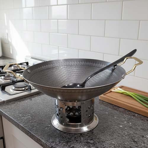 Traditional Hand-Hammered Karahi / Wok with Brass Handles & Serving Stand