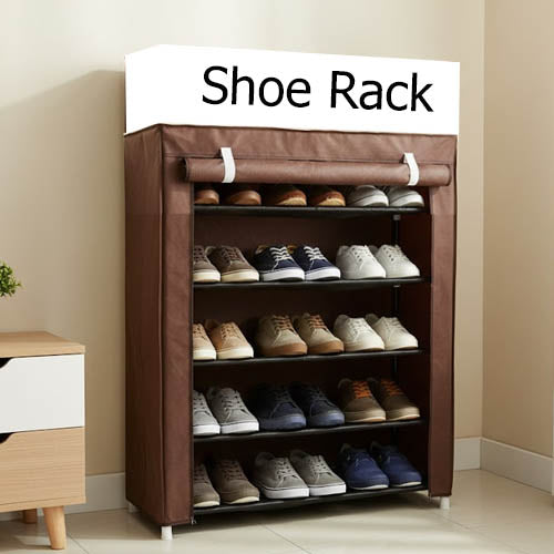 Portable 5-Tier Fabric Shoe Rack with Dustproof Cover | Wardrobe Shoe Organizer