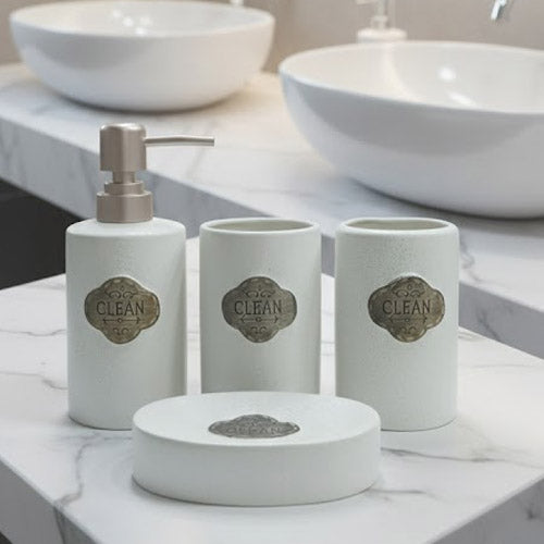 4-Piece White Speckled Farmhouse Ceramic Bathroom Set | Labeled Vanity Organizer with Copper Accents