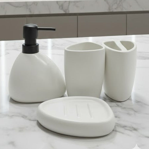 Abstract Modern Ceramic Bathroom Set - 4 Piece Organic Shape Vanity Accessories - Matte White Sculptural Soap Dispenser & Holders