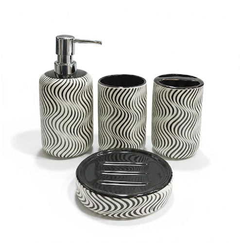 Ziggi Black & White Ceramic Bathroom Accessory Set - 4 Piece Modern Wavy Marble Look Soap Dispenser, Toothbrush Holder & Soap Dish