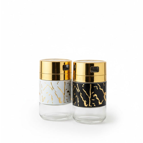Luxurious Black & White Marble-Effect Mini Salt and Pepper Shakers with Gold Cap