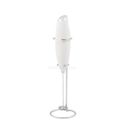 Elegant White Cordless Electric Milk Frother with Stainless Steel Display Stand