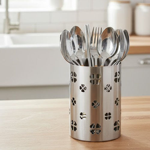 Decorative Stainless Steel Chopstick & Cutlery Holder | Perforated Clover Pattern Utensil Caddy