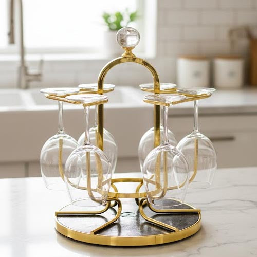 Luxury Gold/Silver Stemware Drying & Display Rack with Crystal Finial - 6-Glass Capacity