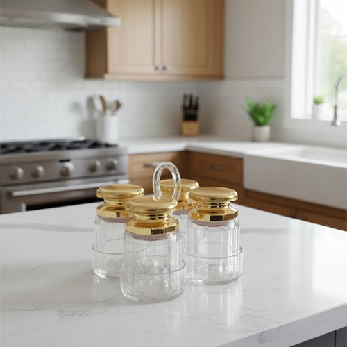 4-Piece Fluted Glass Condiment Jars with Gold Lids and Glass Caddy