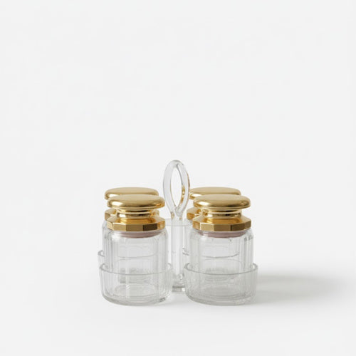 4-Piece Fluted Glass Condiment Jars with Gold Lids and Glass Caddy