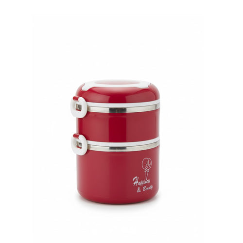 2-Tier Red Insulated Lunch Box | Stackable Thermal Food Container with Clips & Handle