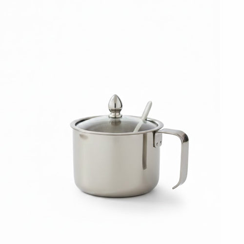 Brushed Stainless Steel Sugar Pot with Handle & Spoon – Metal Condiment Holder for Coffee & Tea Service