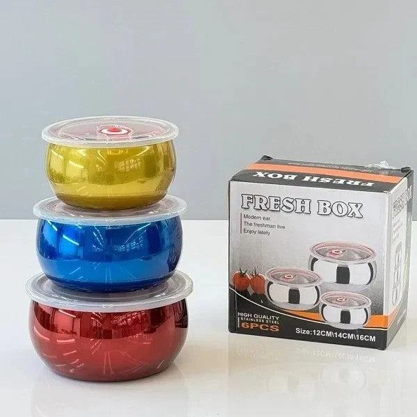 FRESH BOX 3-Piece Colourful Stainless Steel Storage Bowl Set with Airtight Lids