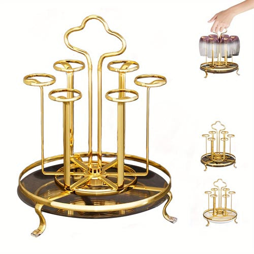 Luxurious 6-Piece Golden Glass Holder and Serving Stand with Rotating Tray