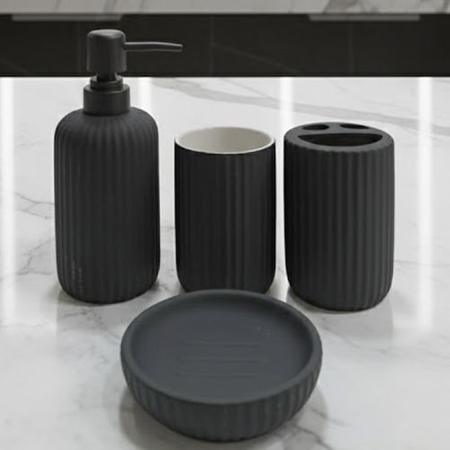 Modern 4-Piece Fluted Ceramic Bathroom Accessory Set | Matte Finish Ribbed Countertop Vanity Decor