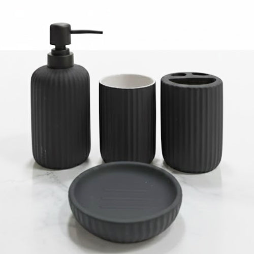 Modern 4-Piece Fluted Ceramic Bathroom Accessory Set | Matte Finish Ribbed Countertop Vanity Decor