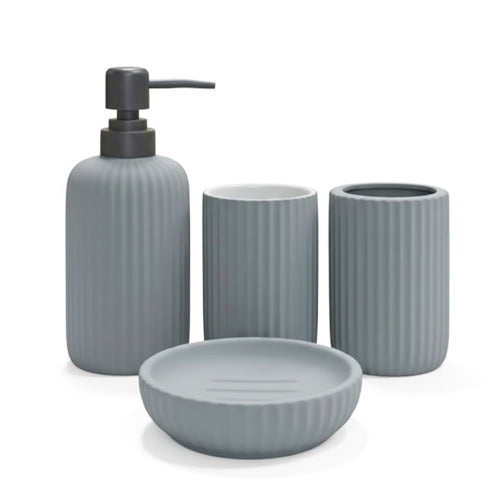 Modern 4-Piece Fluted Ceramic Bathroom Accessory Set | Matte Finish Ribbed Countertop Vanity Decor