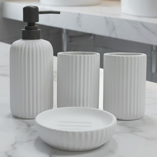 Modern 4-Piece Fluted Ceramic Bathroom Accessory Set | Matte Finish Ribbed Countertop Vanity Decor