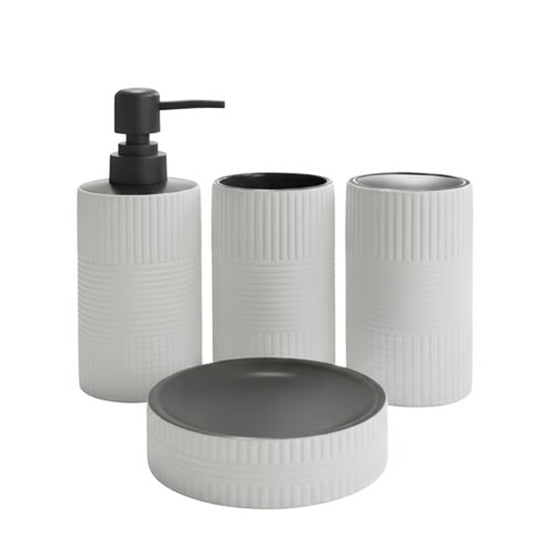 Modern 4-Piece Geometric Textured Ceramic Bathroom Set | Fluted Countertop Vanity Organizer (Gray/White)