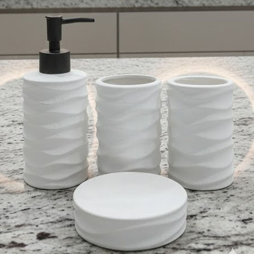 Textured Wavy Ceramic 4-Piece Bathroom Accessory Set | Matte Finish Organic Countertop Decor (Black or White)