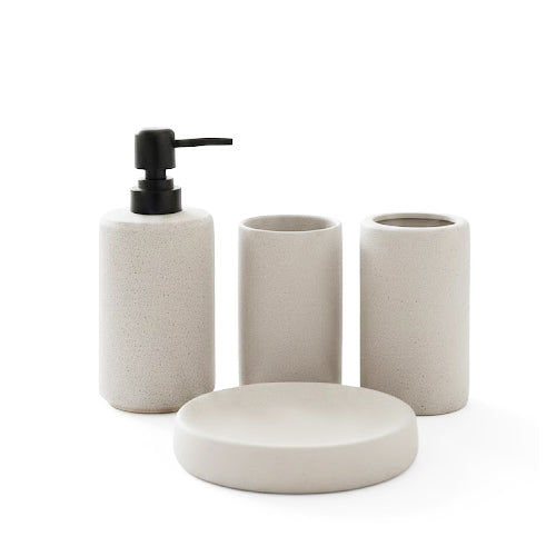 Modern 4-Piece Granite-Style Bathroom Accessory Set | Speckled Greige Ceramic Vanity Organizer