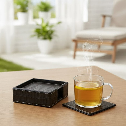 Luxury Artificial Leather Coaster Set (6-Pack) | Square PU Leather Drink Coasters with Storage Holder