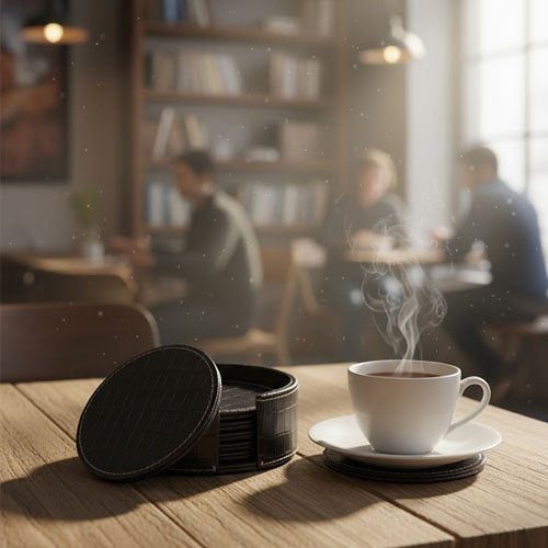 Round PU Leather Coaster Set (6-Pack) | Artificial Leather Drink Coasters with Storage Holder