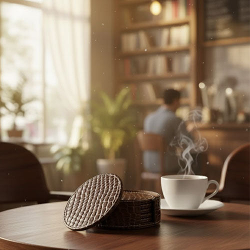 Round PU Leather Coaster Set (6-Pack) | Artificial Leather Drink Coasters with Storage Holder