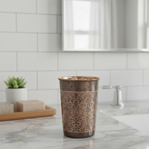 Ornate Carved Copper/Bronze-Look Water Tumbler | Decorative Bathroom Cup
