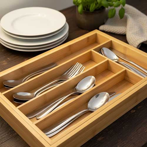 Expandable Bamboo Cutlery Drawer Organizer | Premium Wooden Silverware Tray for Kitchen Storage