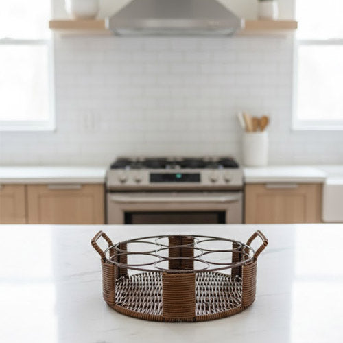 Round Woven Rattan 6-Compartment Glass Stand Caddy