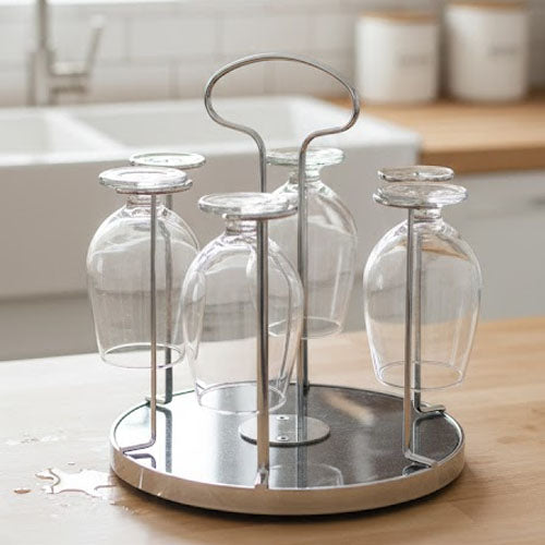 Minimalist 6-Glass Stemware Drying Rack - Chrome Finish with Carrying Handle