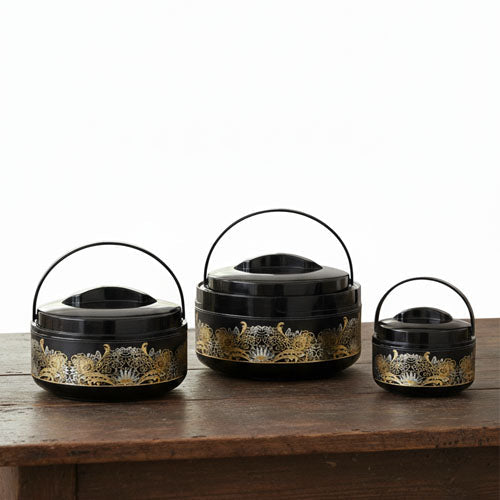 Elegant 3-Piece Black & Gold Floral Thermal Hot Pot Set with Carrying Handles