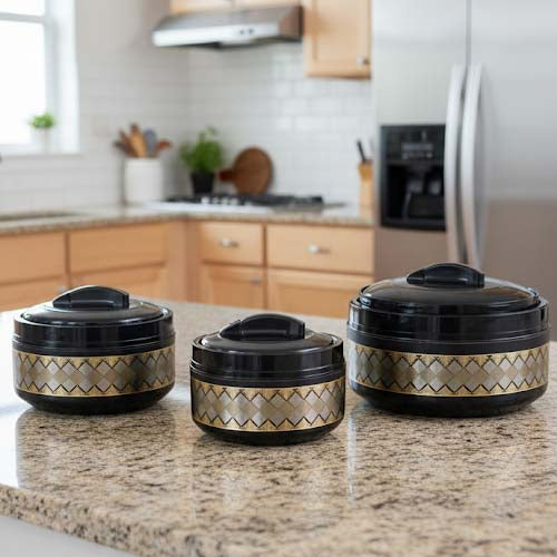 Sleek 3-Piece Black & Gold Thermal Hot Pot Set | 'Zigi' Diamond Design