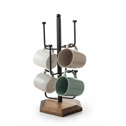 Modern 6-Hook Mug Tree / Coffee Cup Stand - Black Metal with Natural Geometric Wood Base