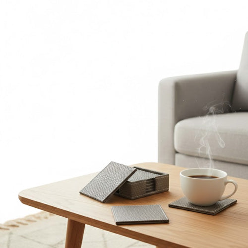 Luxury Artificial Leather Coaster Set (6-Pack) | Square PU Leather Drink Coasters with Storage Holder