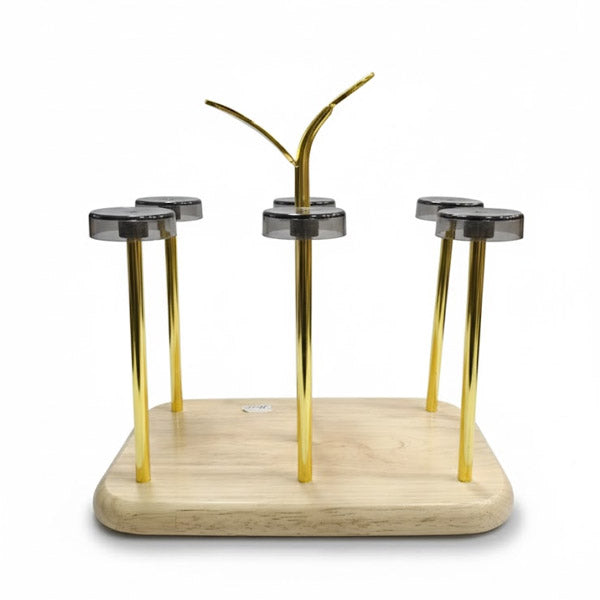 Luxury Wooden Base Glass Holder with Gold Metal Posts | Modern Countertop Glass Drying Rack
