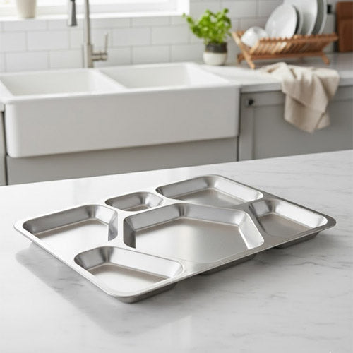 Designer Heavy-Gauge Stainless Steel 6-Compartment Thali | Diamond Divided Serving Plate