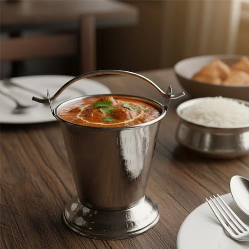 Luxury Copper Base Serving Balti & Handi | Stainless Steel Inner Dinnerware | Traditional Indian Serving Bowl with Stand & Lid