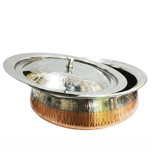 Luxury Pure Copper Handa Serving Pot with Silver Polish Interior & Stand | Traditional Indian Karahi for Dining & Buffet
