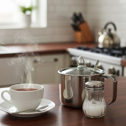 Brushed Stainless Steel Sugar Pot with Handle & Spoon – Metal Condiment Holder for Coffee & Tea Service