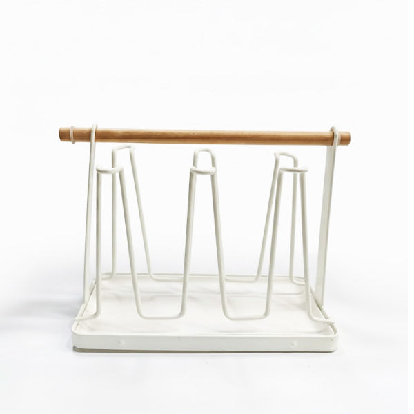 Modern Metal & Wood Mug Drying Rack | 6-Cup Glass Storage Stand with Drip Tray