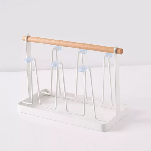 Modern Metal & Wood Mug Drying Rack | 6-Cup Glass Storage Stand with Drip Tray