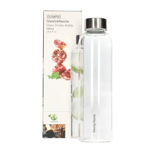 A clear glass 500 ml water bottle with a silver metallic cap, standing next to its white and red printed retail box. The brand 'Danny Home' is printed vertically on the bottle, and 'Olimpio' is visible on the packaging.