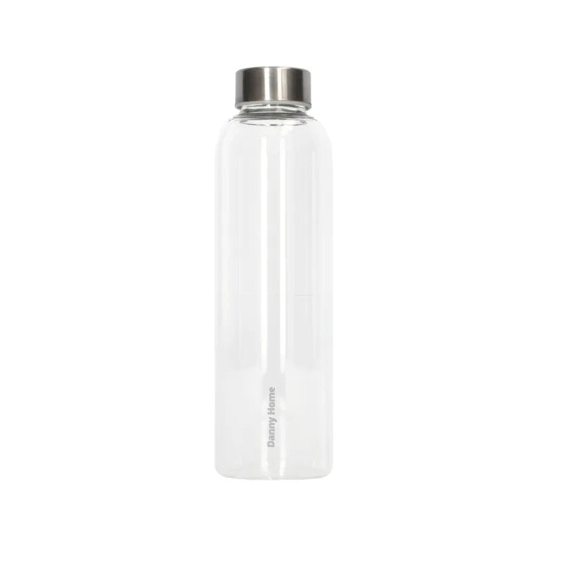 A clear glass water bottle with a brushed silver stainless steel cap, shown on a solid white background. The brand name 'Danny Homes' is printed vertically near the bottom.